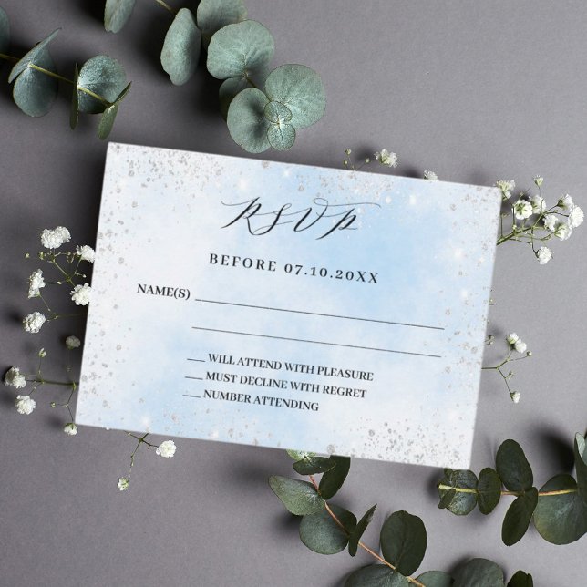 Tarjeta Pequeña Respuesta del boda plateado azul claro RSVP (Subido por el creador)