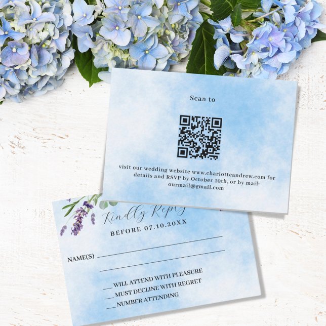 Tarjeta Pequeña Respuesta del boda QR azul de depilación RSVP (Subido por el creador)