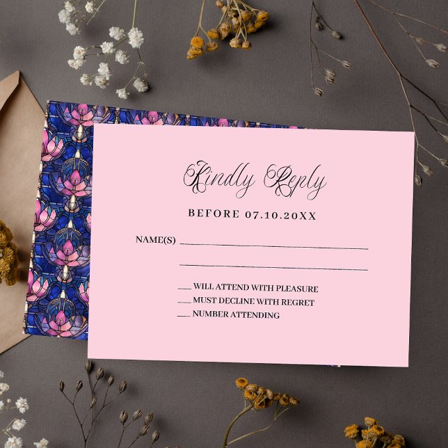 Tarjeta Pequeña Respuestas de boda de flores rosadas azules de la  (Subido por el creador)