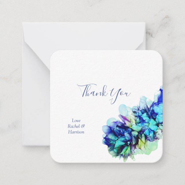 Tarjeta Pequeña Resumen moderno Boda azul y turquesa Gracias (Anverso)