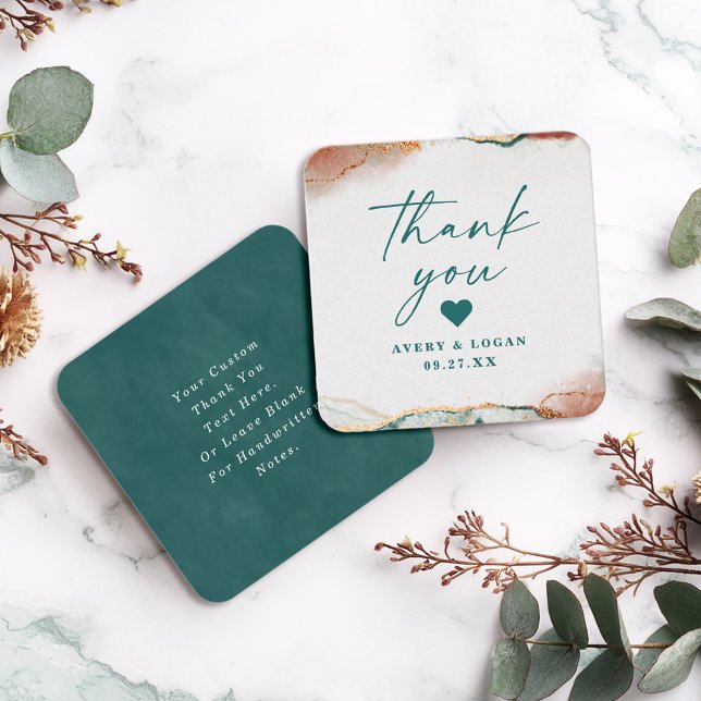 Tarjeta Pequeña Resumen moderno Verde azulado y Boda de cobre Grac (Modern teal and copper wedding thank you note cards with abstract design.)