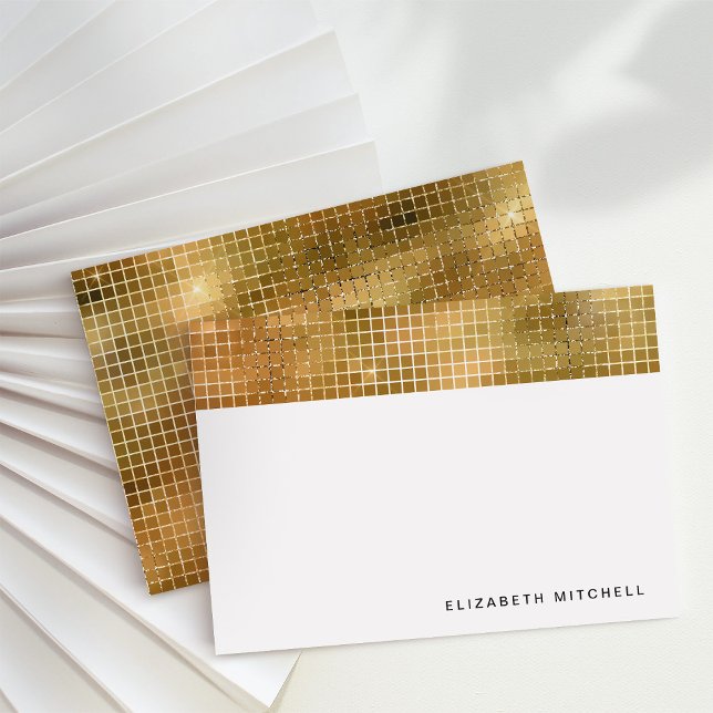 Tarjeta Pequeña Retro Faux Gold Disco Ball Mirror | Monograma (Glam, disco-inspired note cards)