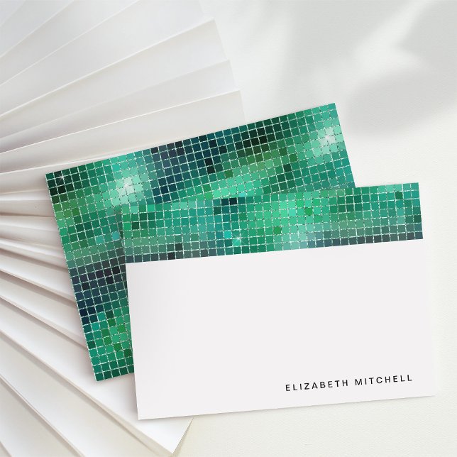 Tarjeta Pequeña Retro Green Disco Ball Mirror | Monograma (Glam, disco-inspired note cards)