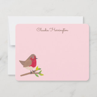 Tarjeta Pequeña Retro Robin Rojo Ilustrado a Mano Rosa Pastel