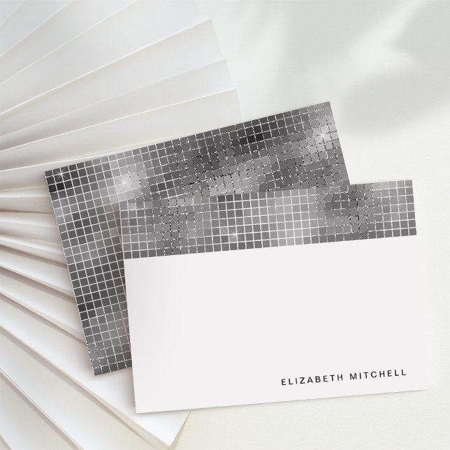 Tarjeta Pequeña Retro Silver Gray Disco Ball Mirror | Monograma (Glam, disco-inspired note cards)