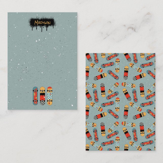 Tarjeta Pequeña Retro Skateboard Blue Guay Custom Name Kids (Anverso / Reverso)