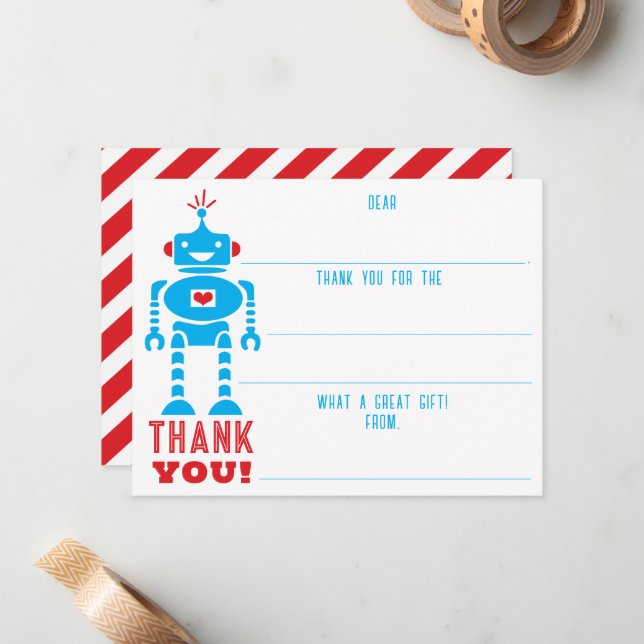 Tarjeta Pequeña Robot De Niños Rellenando El Blanco Gracias (Anverso/Reverso In Situ)
