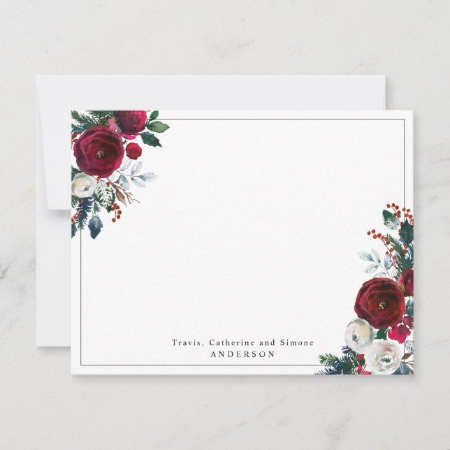 Tarjeta Pequeña Rojo Burgundy Moderno Floral Navideño de Acebo (Anverso)