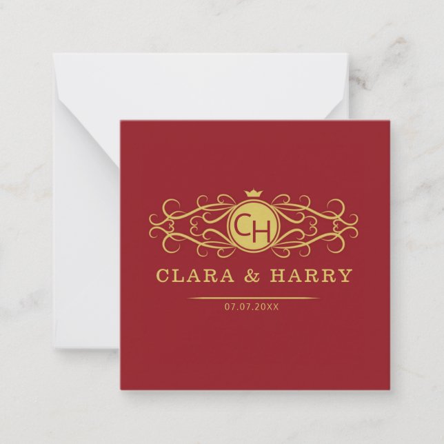 Tarjeta Pequeña Romantic red gold elegant monogramme wedding  (Anverso)