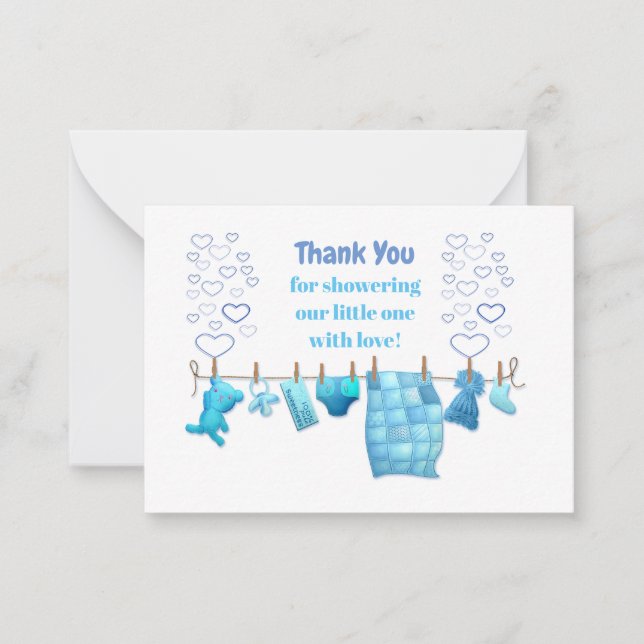 Tarjeta Pequeña Ropa de Bebé Azul lindo Gracias Cartas (Anverso)