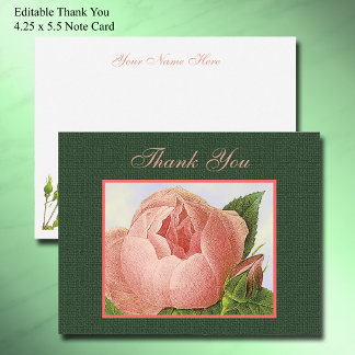 Tarjeta Pequeña Rosa Botánica Rosa Editable Gracias 4.25 x 5.5