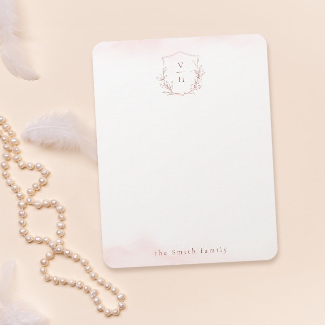 Tarjeta Pequeña Rosa escudo monograma oro personalizado Stationery (Rose gold monogram crest personalized Stationery Note Card)