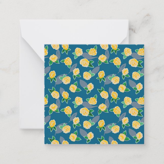 Tarjeta Pequeña Rosa floral amarillo en azul (Anverso)