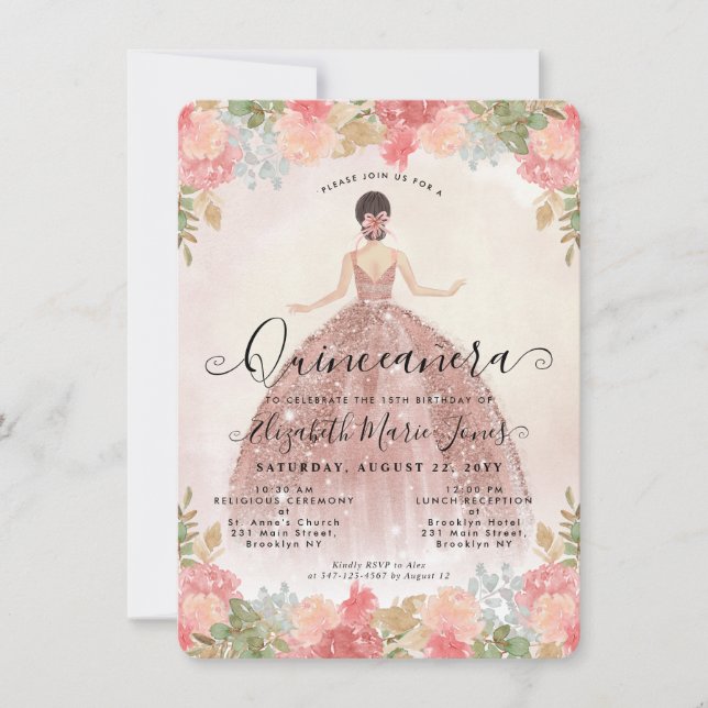 Tarjeta Pequeña Rosa floral de oro princesa rosa Quinceanera (Anverso)