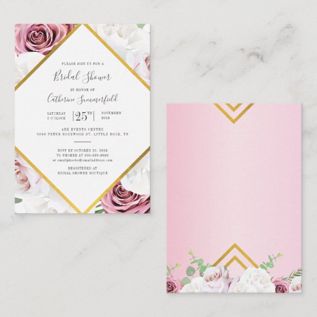 Tarjeta Pequeña Rosa floral rosado oro ducha de novia geométrica (Anverso / Reverso)