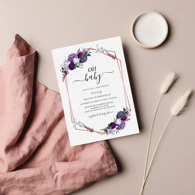 Tarjeta Pequeña Rosa morado floral oro Baby Shower geométrico (Subido por el creador)