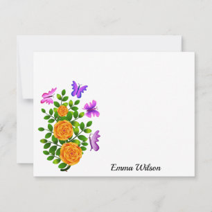 Tarjeta Pequeña Rosa Naranja Amarillo Elegante Flor Con Mariposa