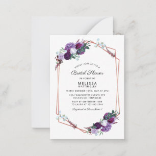 Tarjeta Pequeña Rosa Purple Floral Gold Frame Bridal Shower