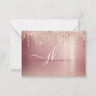 Tarjeta Pequeña Rosa Purpurina de oro Drip Elegant Monograma Inici