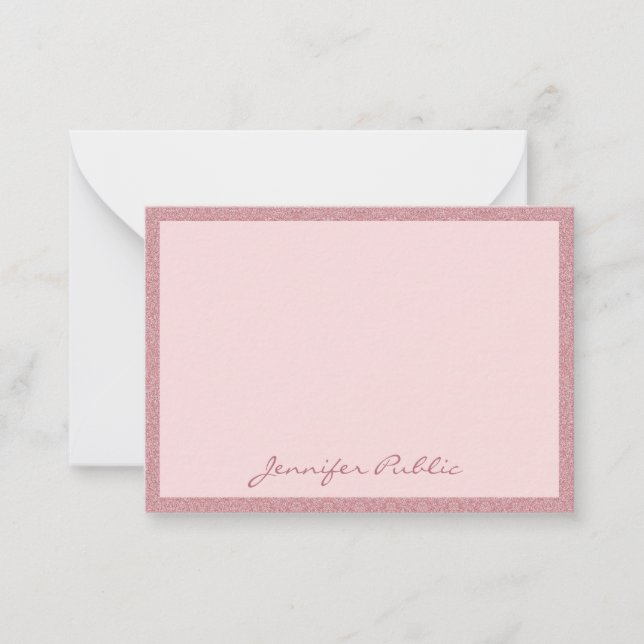 Tarjeta Pequeña Rosa Purpurina de Oro manuscrito elegante moderno (Anverso)