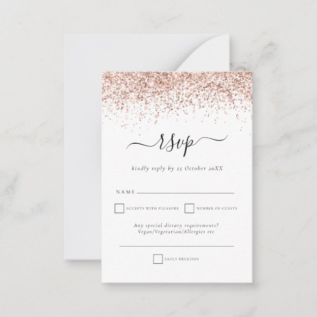 Tarjeta Pequeña Rosa Purpurina de oro Script Wedding RSVP Gabinete (Anverso)