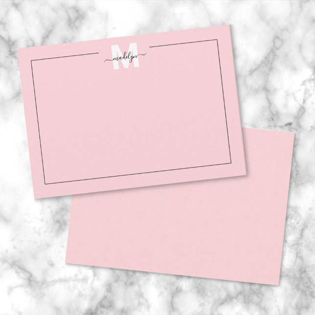 Tarjeta Pequeña Rosa Rubor de Chica Script  Monograma de Nombre Ca (Girly Blush Pink Script Calligraphy Name Monogram Note Card)