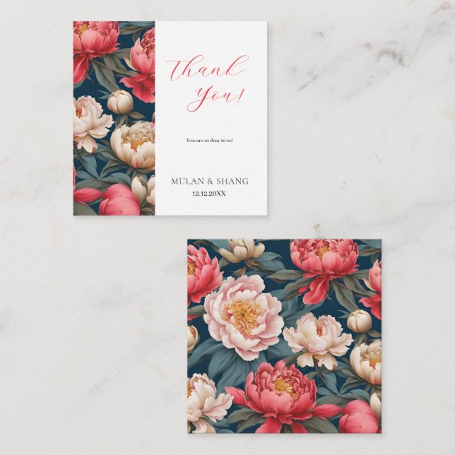 Tarjeta Pequeña Rosa y White Peonies Oriental Gracias (Anverso / Reverso)