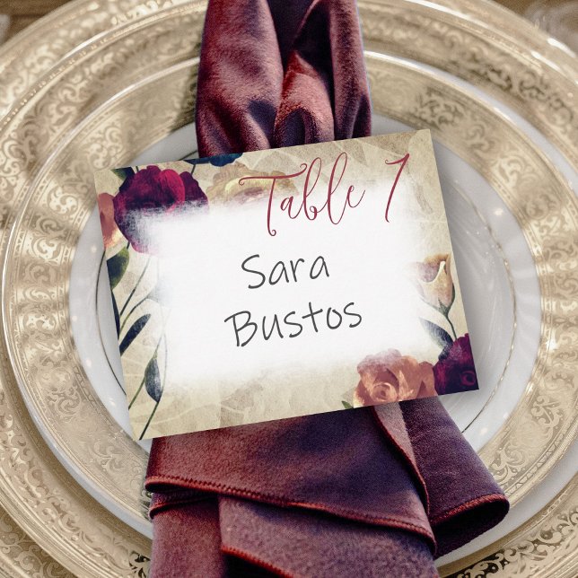 Tarjeta Pequeña Rosas beige de Borgoña Antiguo Boda Número de tabl (burgundy red roses, beige wedding place card, table reserved table name card, elegant script)