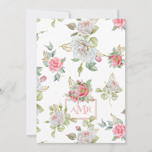 Tarjeta Pequeña Rosas elegantes con hojas grabadas en oro Monogr