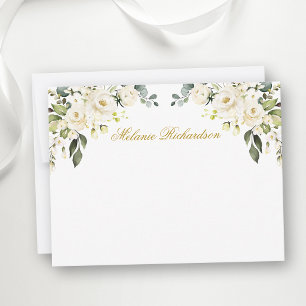 Tarjeta Pequeña Rosas Florales Blancas Acuarela Oro Personalizado