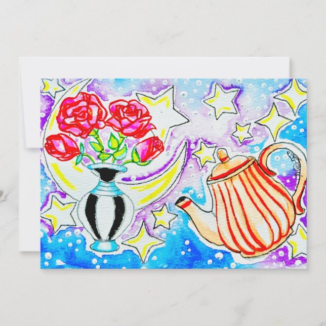 Tarjeta Pequeña Rosas Rojas & Tetera (Anverso)