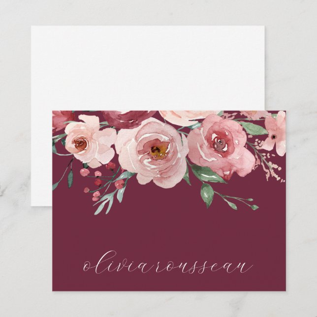 Tarjeta Pequeña Rosas rosadas acuarela Script Vino de Burdeos (Anverso / Reverso)