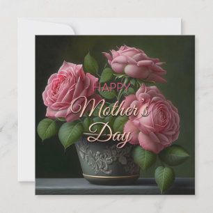 Tarjeta Pequeña Rosas rosadas Día de la Madre sobre verde oscuro