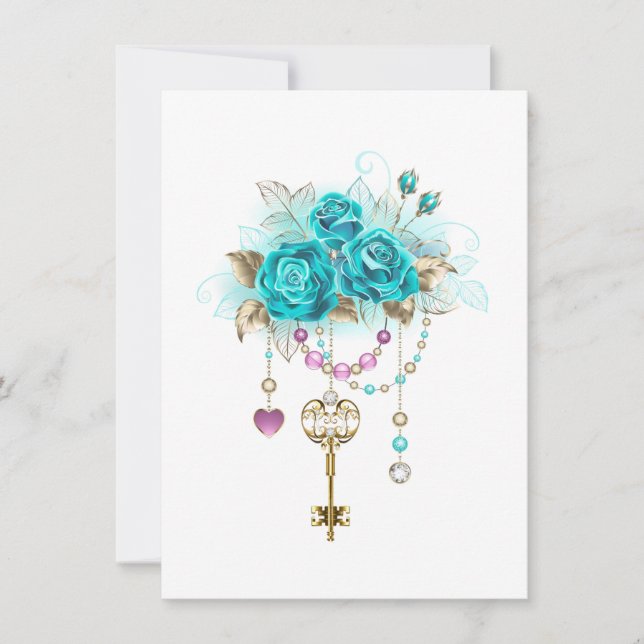 Tarjeta Pequeña Rosas turquesas con llaves (Anverso)