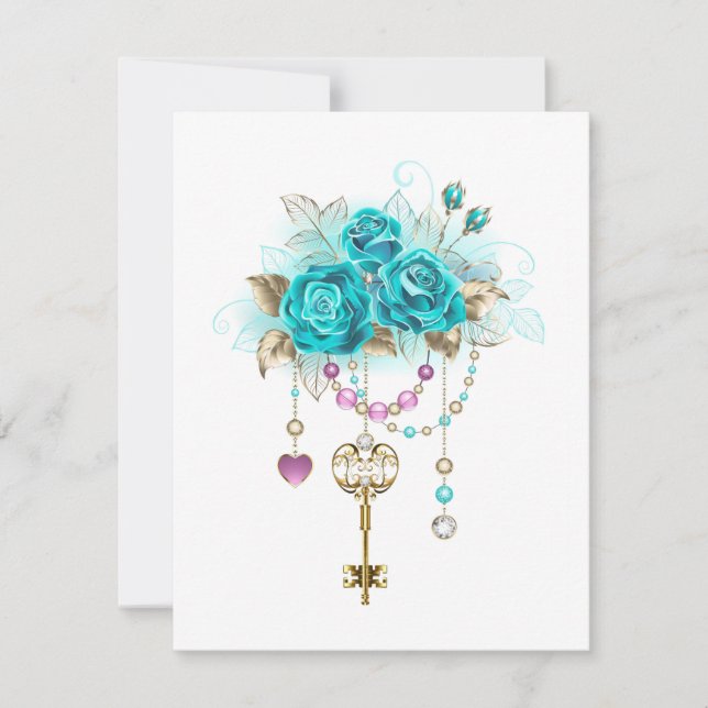 Tarjeta Pequeña Rosas turquesas con llaves (Anverso)