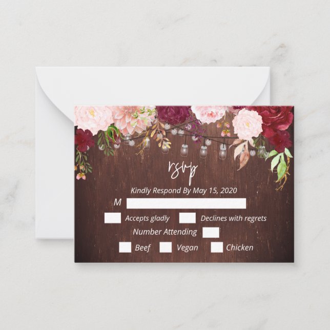 Tarjeta Pequeña RSSVP Burgundy Flor Madera Mason Jar Luces Postca (Anverso)