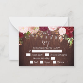 Tarjeta Pequeña RSSVP Burgundy Flor Madera Mason Jar Luces Postca