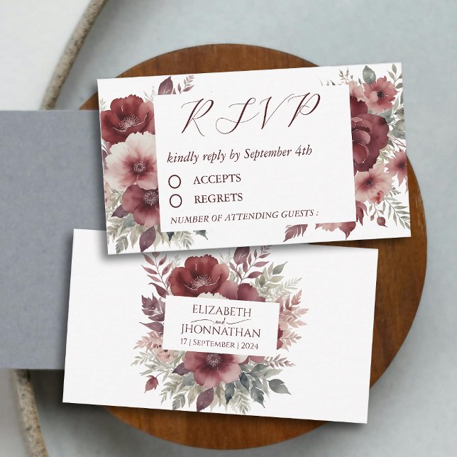 Tarjeta Pequeña RSVP de acuarela floral de borgoña de otoño (Subido por el creador)