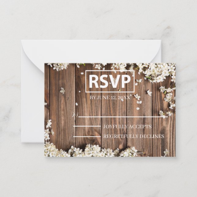 Tarjeta Pequeña RSVP de madera blanca floral con acentos Rubor (Anverso)