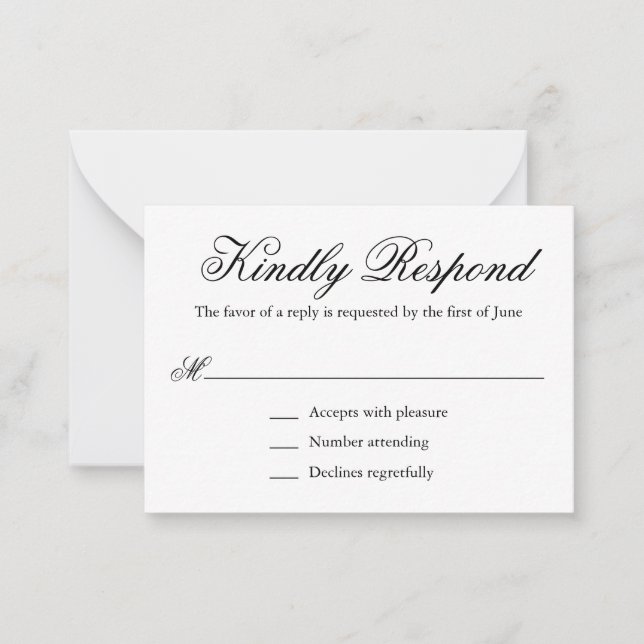 Tarjeta Pequeña RSVP de Mini Boda Tradicional en Blanco y Negro (Anverso)