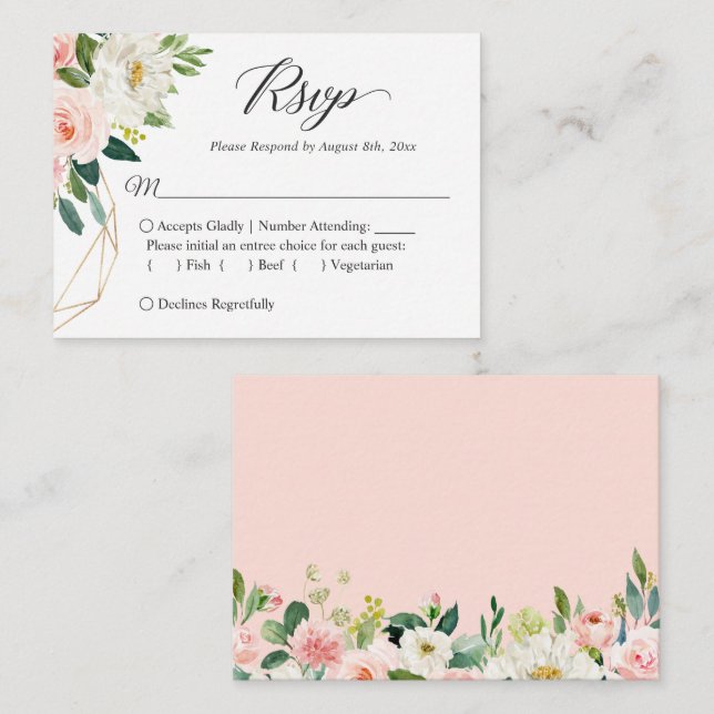 Tarjeta Pequeña RSVP de pequeña boda de presupuesto | Flores rosas (Anverso / Reverso)