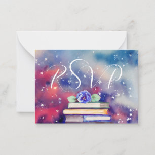 Tarjeta Pequeña RSVP Kindly Responder libros acuarelas Boda púrpur