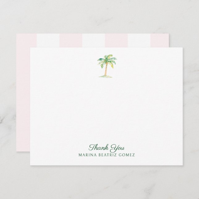 Tarjeta Pequeña Rubor Pink Cabana Stripes Palm Tree Gracias (Anverso / Reverso)