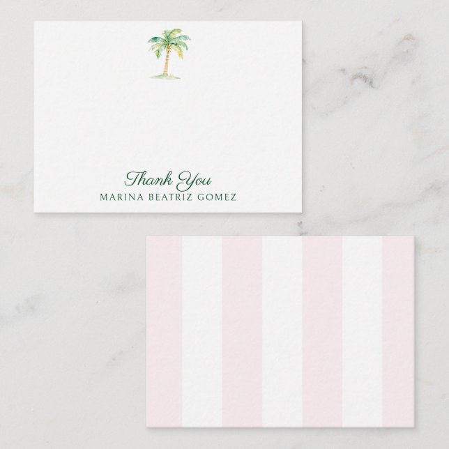 Tarjeta Pequeña Rubor Pink Cabana Stripes Palm Tree Gracias (Anverso / Reverso)