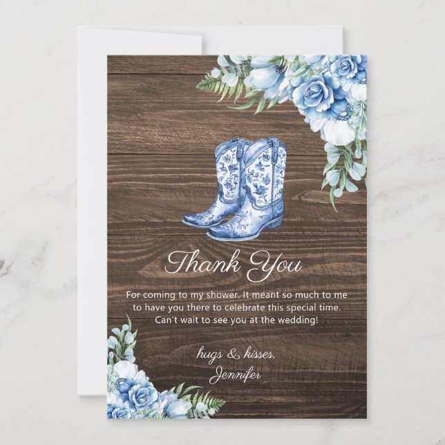 Tarjeta Pequeña Rustic Blue Cowgirl Boots Bridal Shower Thank You  (Anverso)
