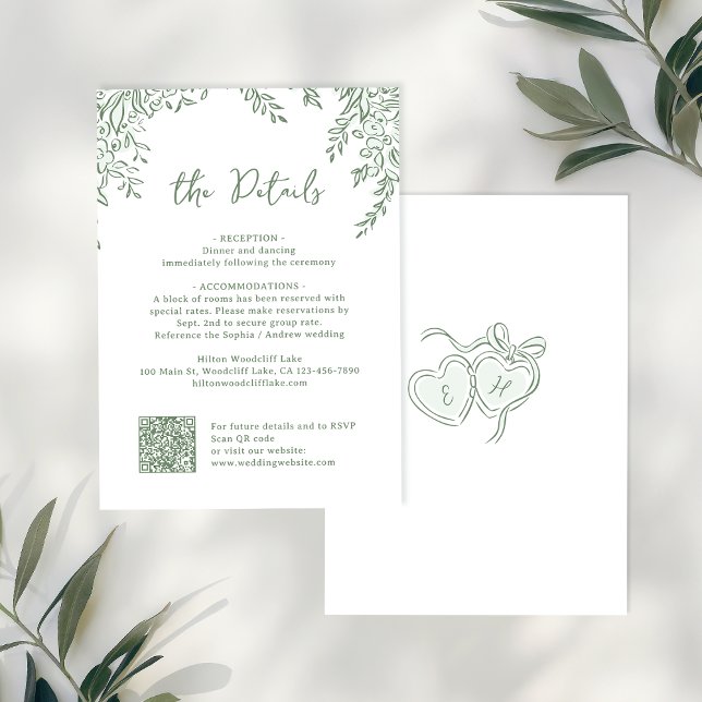 Tarjeta Pequeña Sage Hand Drawn Monogram Whimsical Wedding Details (Sage Hand Drawn Monogram Whimsical Wedding Details Note Card)