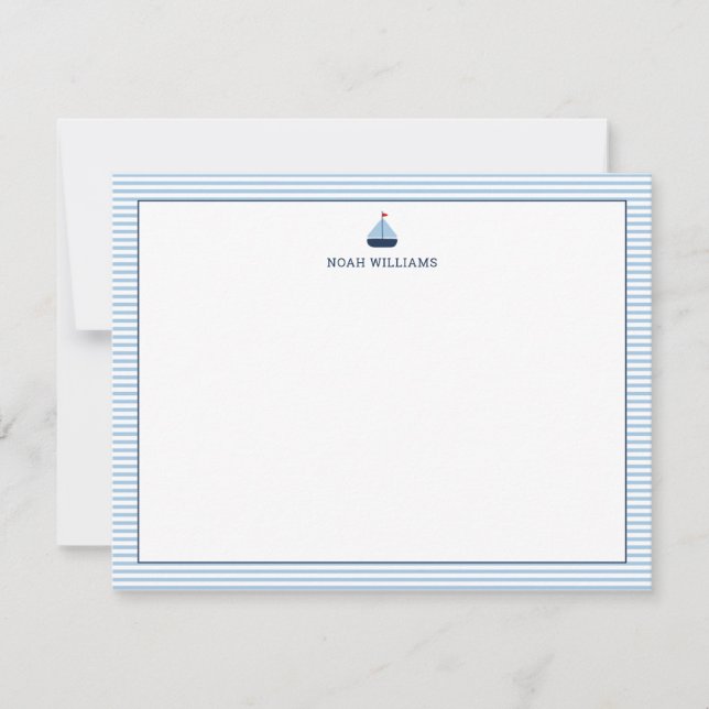 Tarjeta Pequeña Sailboat Blue Stripes Personalized Stationery (Anverso)