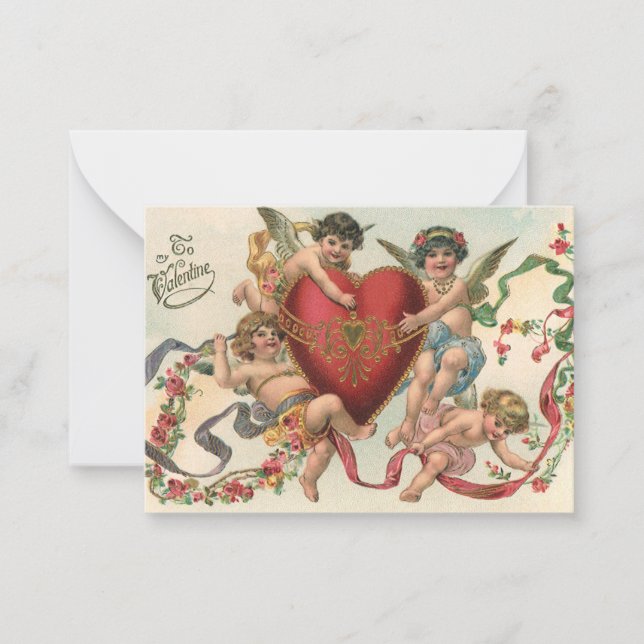 Tarjeta Pequeña San Valentín de época, ángeles victorianos Corazón (Anverso)