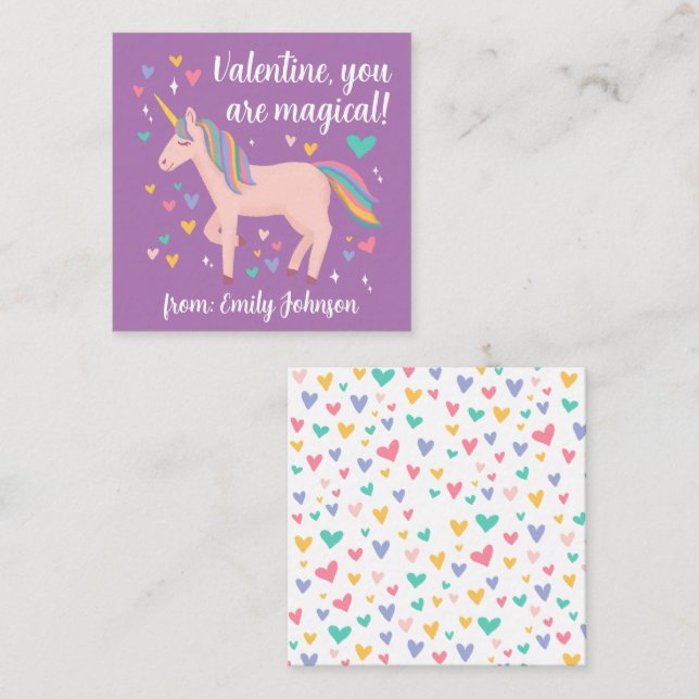 Tarjeta Pequeña San Valentín de niños morado mágico de unicornio (Anverso / Reverso)