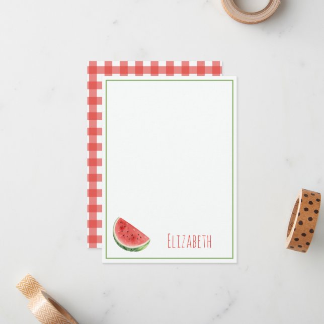 Tarjeta Pequeña Sandía de Verano y Cuadro de Gingham Rojo (Anverso/Reverso In Situ)